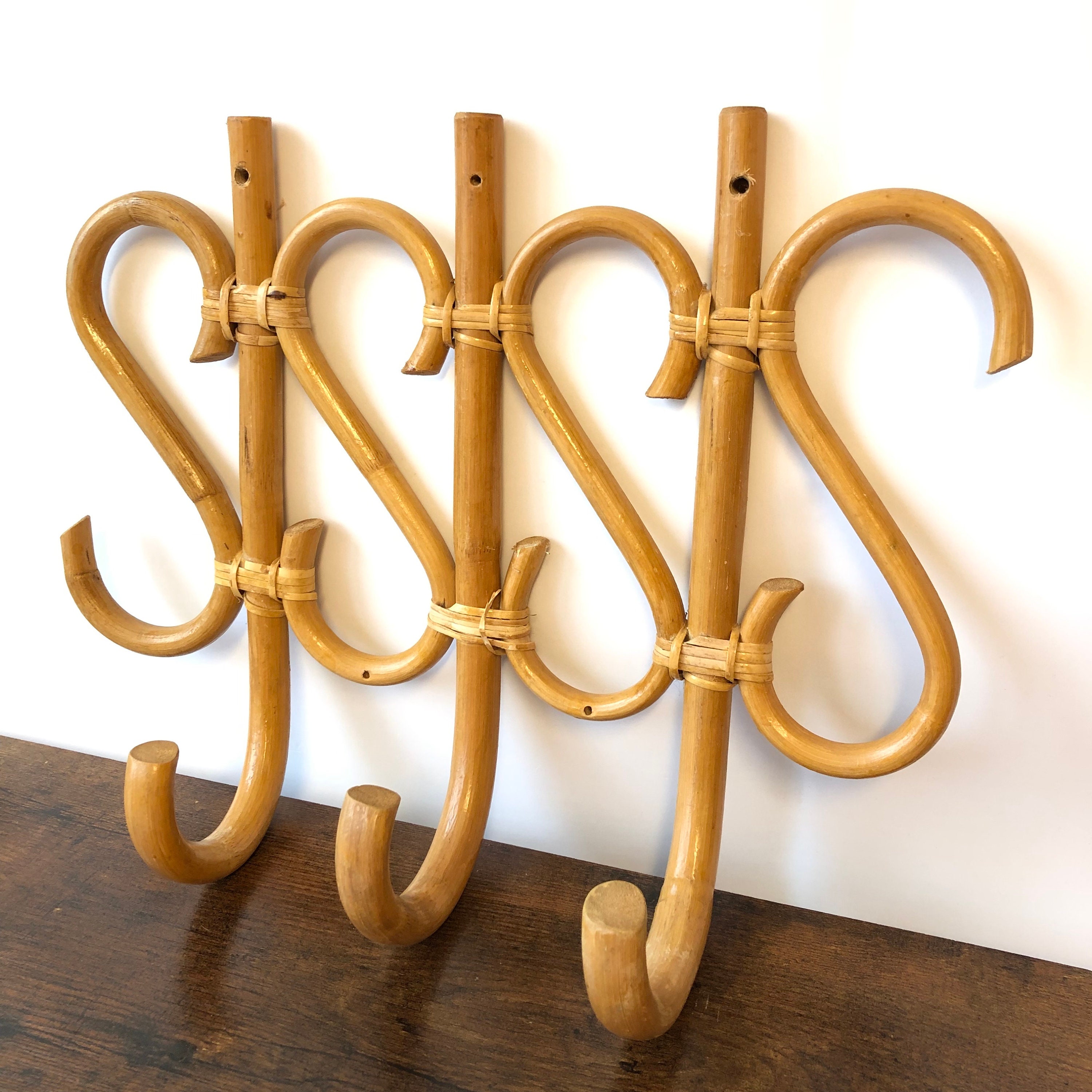 Boho 70s Bamboo Cane Rattan Vintage Coat Towel Rack 3 Hooks I Etsy