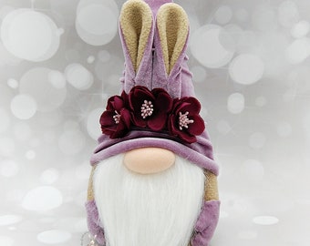 PURPLE BUNNY GNOME with flowers Easter Gnome Rabbit Gnome mothers day gift birthday gnome mauve gnome floral gifts easter decor velvet gnome