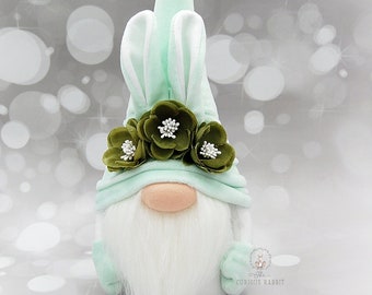 GREEN BUNNY GNOME with flowers Easter Gnome Rabbit Gnome mothers day gift birthday gnome green gnome floral gifts easter decor velvet gnome