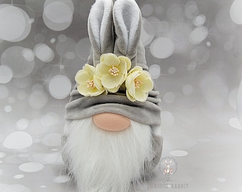 GREY BUNNY GNOME with flowers Easter Gnome Rabbit Gnome mothers day gift birthday gnome green gnome floral gifts easter decor velvet gnome