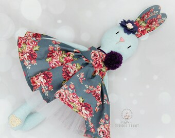 BLUE LINEN BUNNY in blue floral dress fabric rabbit handmade rabbit doll baby gift rabbit bunny birthday gift nursery gift baby shower