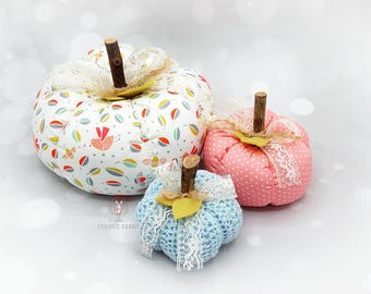 Handmade Pink & Blue Fabric Pumpkins: Easter Table Decor, Set of 3