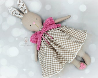 LINEN BUNNY in GINGHAM dress & lace lined ears | rabbit handmade rabbit doll baby gift rabbit bunny birthday gift nursery gift baby shower