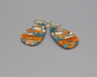 Kingman Turquoise with Spiny Oyster Pendant Earrings