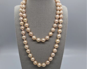 Long Peach Gold Cultured Pearl Necklace and Matching Earrings