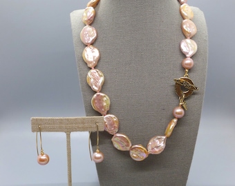 Peachy Pink Coin Pearl Necklace and Earrings