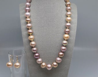 Large Rose Gold Cultured Pearl Necklace and Earring Set (A)