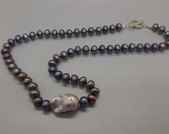 Blue Black Cultured Pearl Necklace with Large Silver Grey Baroque Center Pearl