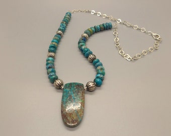 Chrysocholla Pendant and Rondelles with Antique Bhutan Silver Beads and Matching Earrings