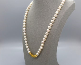 Unisex White Pearl Necklace with Gold Vermeil Center Accent Bead Necklace