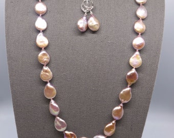 Long Pale Peach Coin Pearl Necklace and Earring Set