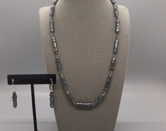 Grey Stick Pearl Necklace and Earring Set