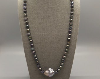 Cultured Peacock Grey Pearl Necklace with Silver Baroque Center Bead