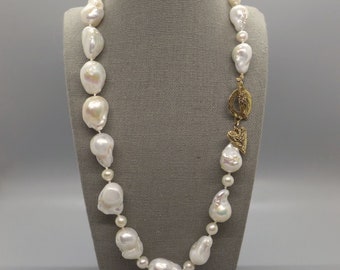 Classic White Baroque Pearl Necklace with Fancy Clasp