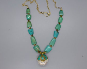 Hand Crafted Turquoise Flat Beads from Bhutan with Gold Chain and Antique Shell with Turquoise and Bronze Pendant