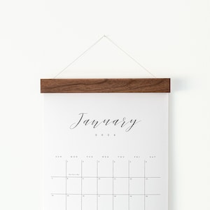 2025 Wall Calendar,  Large, Monthly – Simple Script, Walnut or Maple Hanger