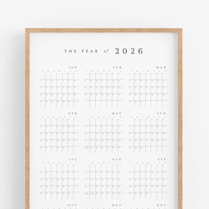 2026 Poster Printable Wall Calendar – Simple, Year at a Glance, Large 24 x 36