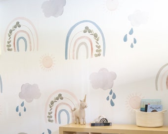 Rainbow Sun and Clouds Nursery Wall Decals - Vinyl Rainbow Wall decal, Kids Bedroom Decor, Natural Earthy Rainbows, Neutral Soft Wall Decals