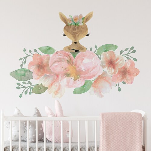 Deer Floral Woodland Nursery Wall Decal Girls Bedroom Etsy