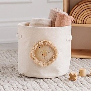 Nursery Basket for Toys, Neutral Boho Room Decor Levy the Lion Canvas Storage Bin image 2