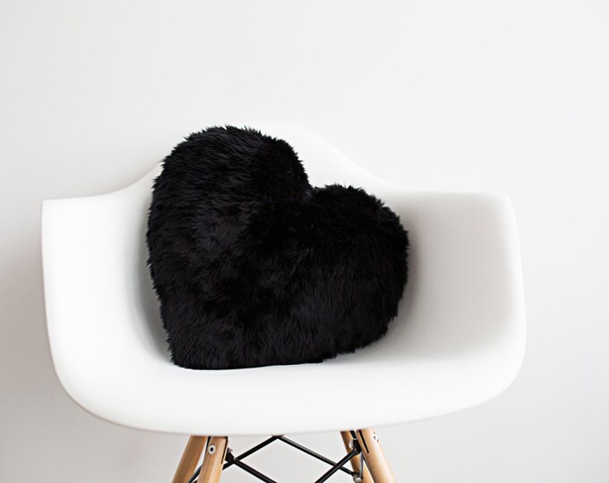 Black Cushion for Sofa and Bed Heart Fur Pillow, Christmas Gift for Her