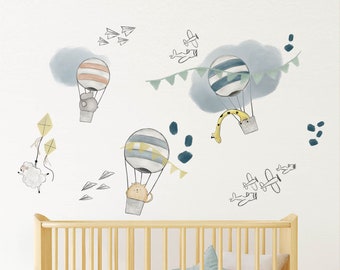 Hot Air Balloon & Airplane Wall Decal - Neutral Nursery Wall Decor, Kids room wall sticker, baby boy nursery decor