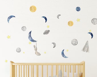 Space Theme Wall Decals Moon Planets Vinyl Wall Stickers Peel Stick Removable Boys Nursery Bedroom Decor