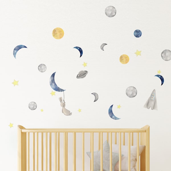 Calcomanías de pared con tema espacial, pegatinas de vinilo de planetas y lunas para pared, decoración extraíble para dormitorio de niños y guardería