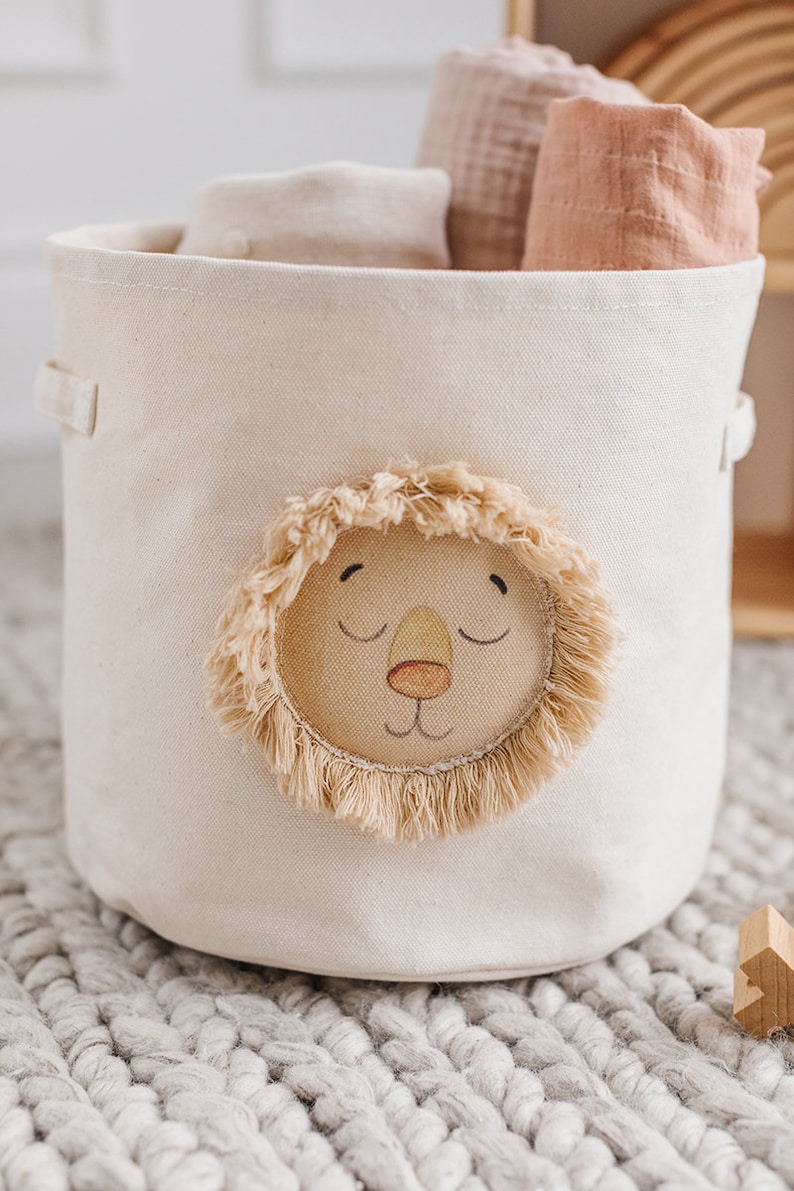 Nursery Basket for Toys, Neutral Boho Room Decor Levy the Lion Canvas Storage Bin image 3