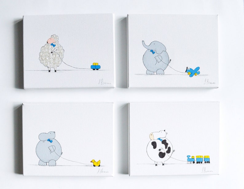 Set of 4 Hand painted Canvases blue nursery artwork baby Etsy