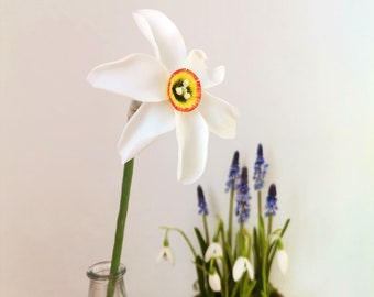 Handmade daffodil, real touch flower, white daffodils, made of air dry polymer, clay flowers, home decor