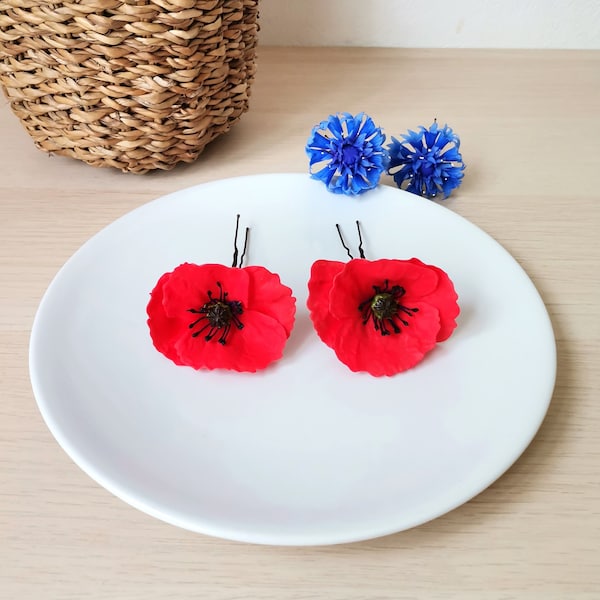 Accessoires pour cheveux coquelicot, épingle à cheveux, coquelicot rouge, bijoux floraux, fleurs faites à la main, fabriqués à partir d'argile polymère sèche à l'air, fleur rouge