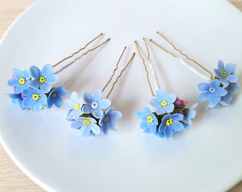 Forget Me Not hair pin Made from air dry polymer clay Cold porcelain Wedding jewelry Handmade hair clip Blue Bridal accessories