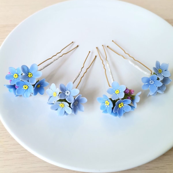 Forget Me Not hair pin Made from air dry polymer clay Cold porcelain Wedding jewelry Handmade hair clip Blue Bridal accessories