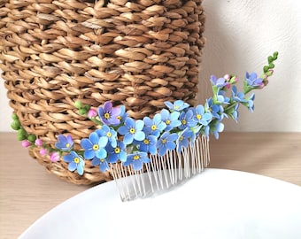 Forget-me-not hair comb, forget-me-not hair accessories, made from air dry polymer clay, bridal jewelry, blue