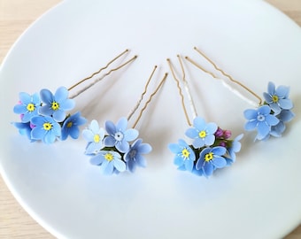 Vergissmeinnicht Haarnadel Hergestellt aus lufttrocknender Polymer Clay Kaltporzellan Hochzeit Schmuck Handgemachte Haarspange Blau Braut Accessoires