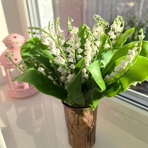 Bouquet of lilies, lily of the valley, may lily, home decor, floral arrangement, made of air dry polymer clay, present, gift, white image 1