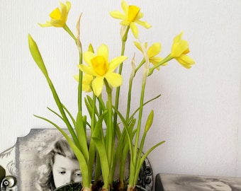 Daffodil flowers in a flowerpot, Made from air dry polymer clay, Home decor, Floral Arrangements.