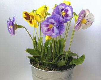 Clay Pansy flowers in flowerpot, Pansies, Bouquet of lilac, white and yellow pansies, Clay flowers, Home decor.