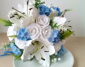 Bridal bouquet and boutonniere set, bouquet with lilies, roses, forget-me-not flowers, made of air dry clay, white, blue