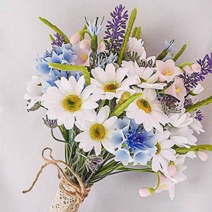 Wedding bouquet and boutonniere set, Rustic bouquet, Boho bridal bouquet, Air dry polymer clay, Daisy Camomile, Cornflower, Wild flowers