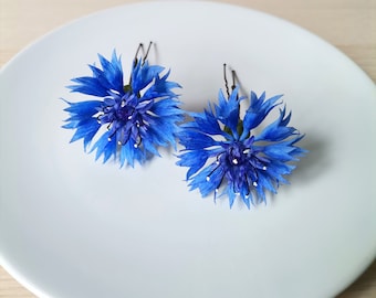 Hair accessories, wedding accessories, rustic hair pin, boho bridal hair piece, air dry clay flower, blue cornflower