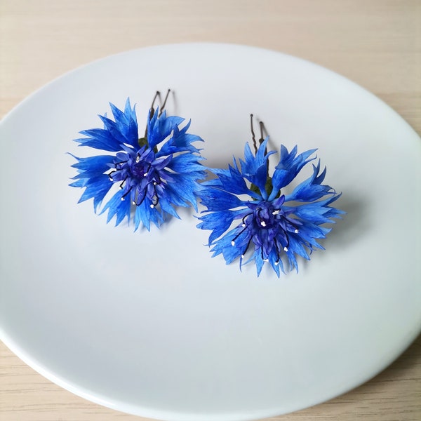 Haarschmuck, Hochzeitsaccessoires, rustikale Haarnadel, Boho-Brauthaarteil, lufttrockene Tonblume, blaue Kornblume