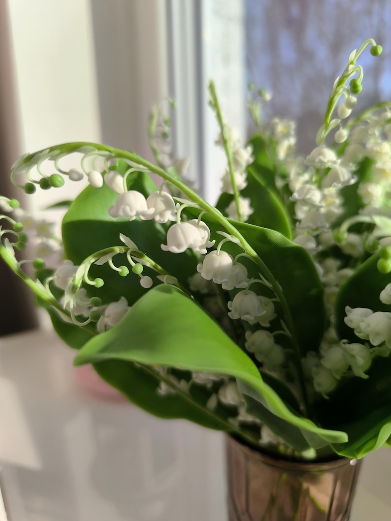 Bouquet of lilies, lily of the valley, may lily, home decor, floral arrangement, made of air dry polymer clay, present, gift, white image 3