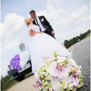 Wedding bouquet and boutonniere set, Clay bouquet with orchids and white freesias, Natural look bouquet image 3