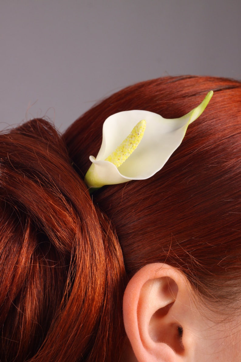 hair clay flowers, hair decoration, hair accessories, hair clip, white calla lilies image 1