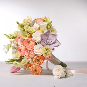 Wedding bouquet and boutonniere set, made of air dry clay, bridal bouquet with roses, succulents, ranunculus and tulips in pastel shades image 1