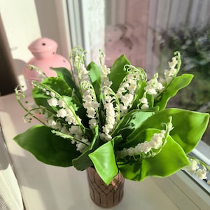 Bouquet of lilies, lily of the valley, may lily, home decor, floral arrangement, made of air dry polymer clay, present, gift, white image 2