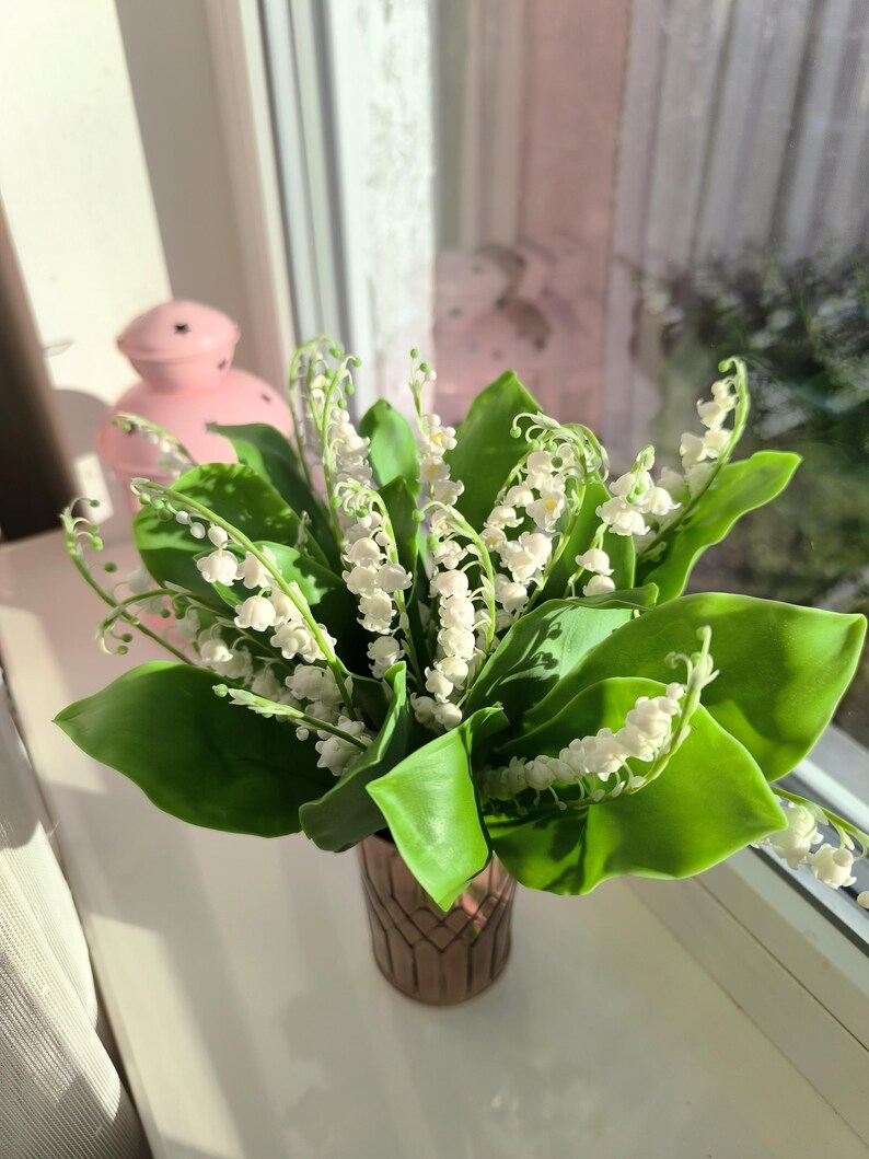 Bouquet of lilies, lily of the valley, may lily, home decor, floral arrangement, made of air dry polymer clay, present, gift, white image 2