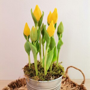 Clay Tulips in flowerpot, Bouquet of yellow tulips, Clay flowers, Home decor, Floral Arrangements.